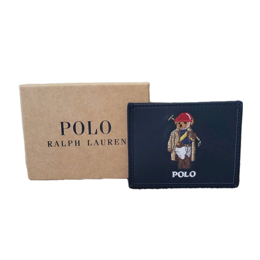 NWT Polo Ralph Lauren Golf Polo Bear Newport Navy Leather Card Case Embroidered